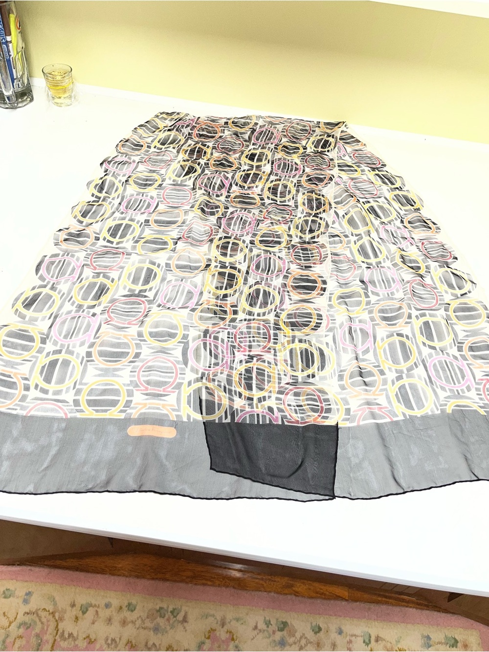 Salvatore Ferragamo Long Black, White Logi Patterned Silk Chuffon Scarf